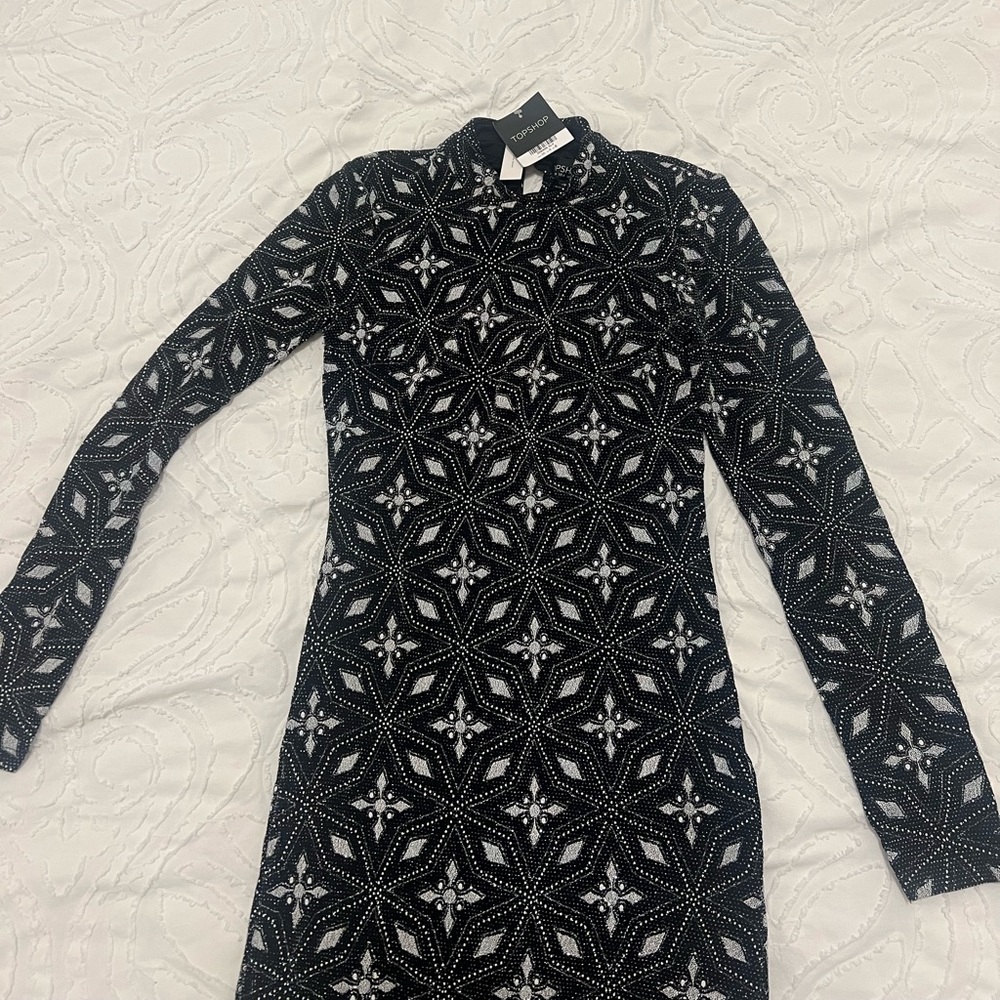 Black silver glitter high neck long sleeved mini dress